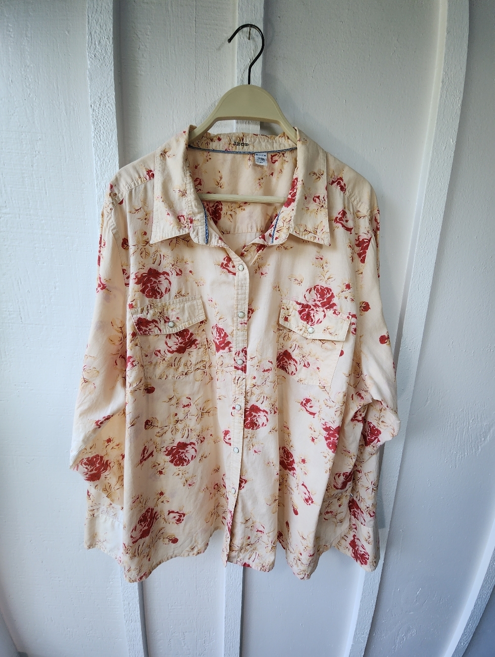 Zintage IZOD Cream & Rose Floral Pearl Button-Up Shirt Western Size 2X